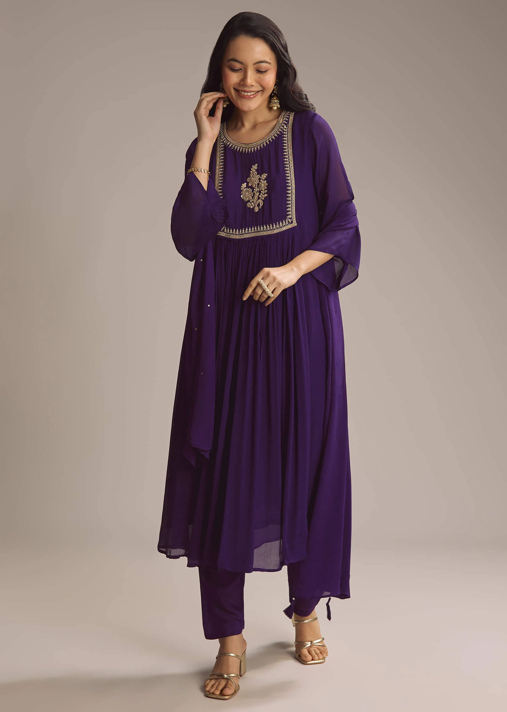 Purple Chinon Anarkali Suit With Zari Work