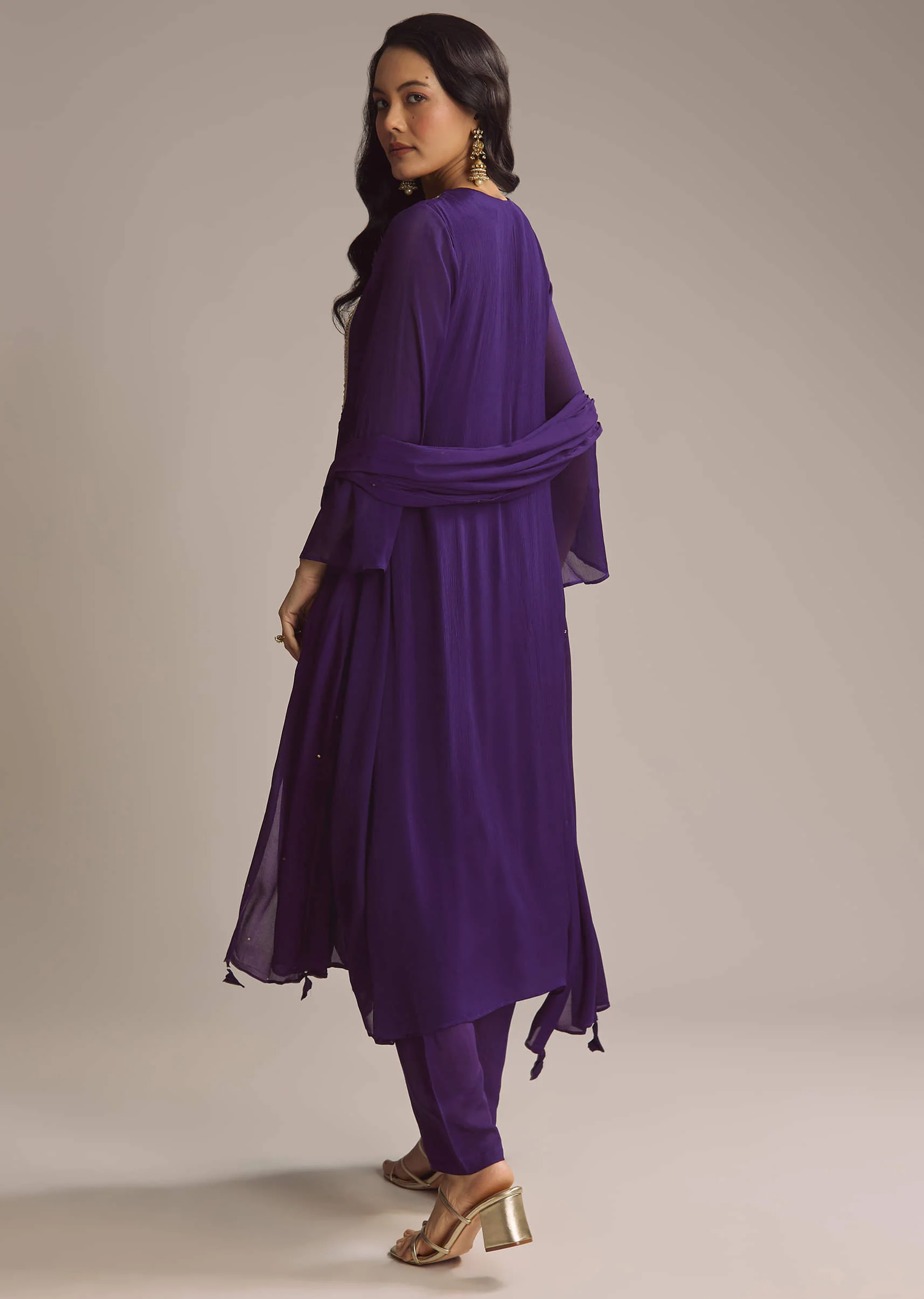 Purple Chinon Anarkali Suit With Zari Work