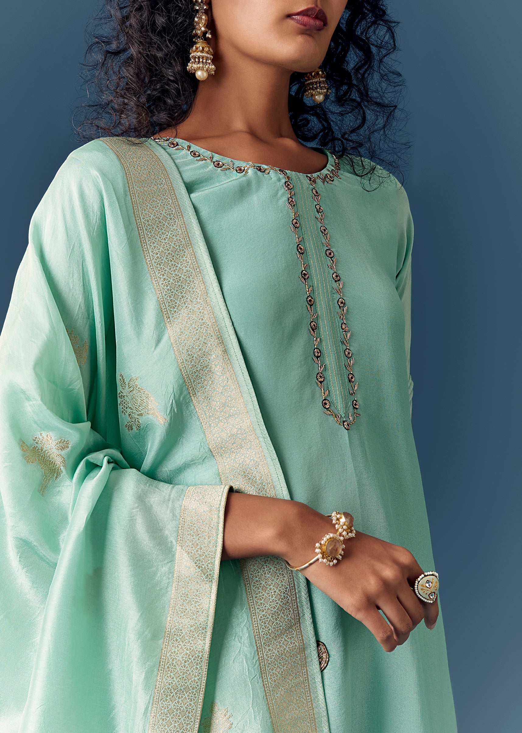 Aqua Blue Tissue Anarkali Set With Dupatta