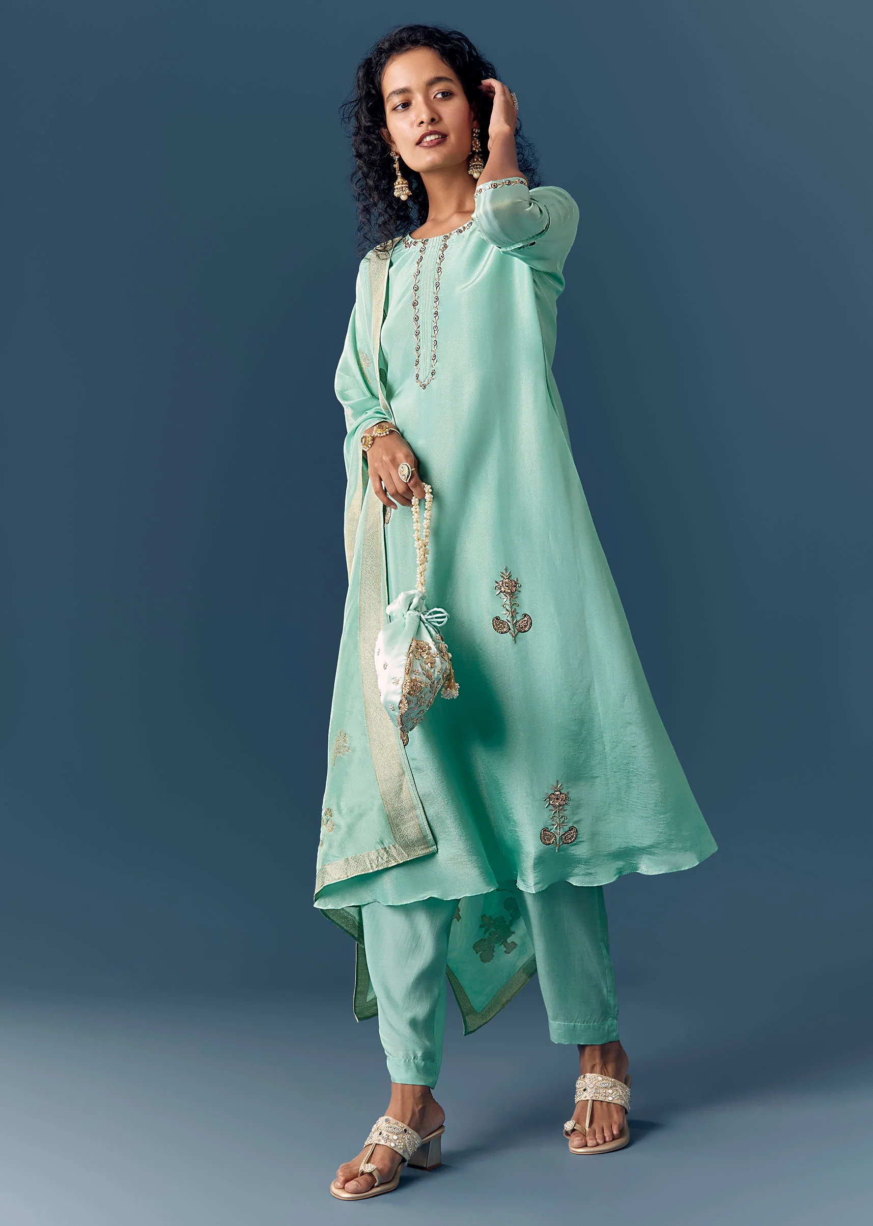 Aqua Blue Tissue Anarkali Set With Dupatta