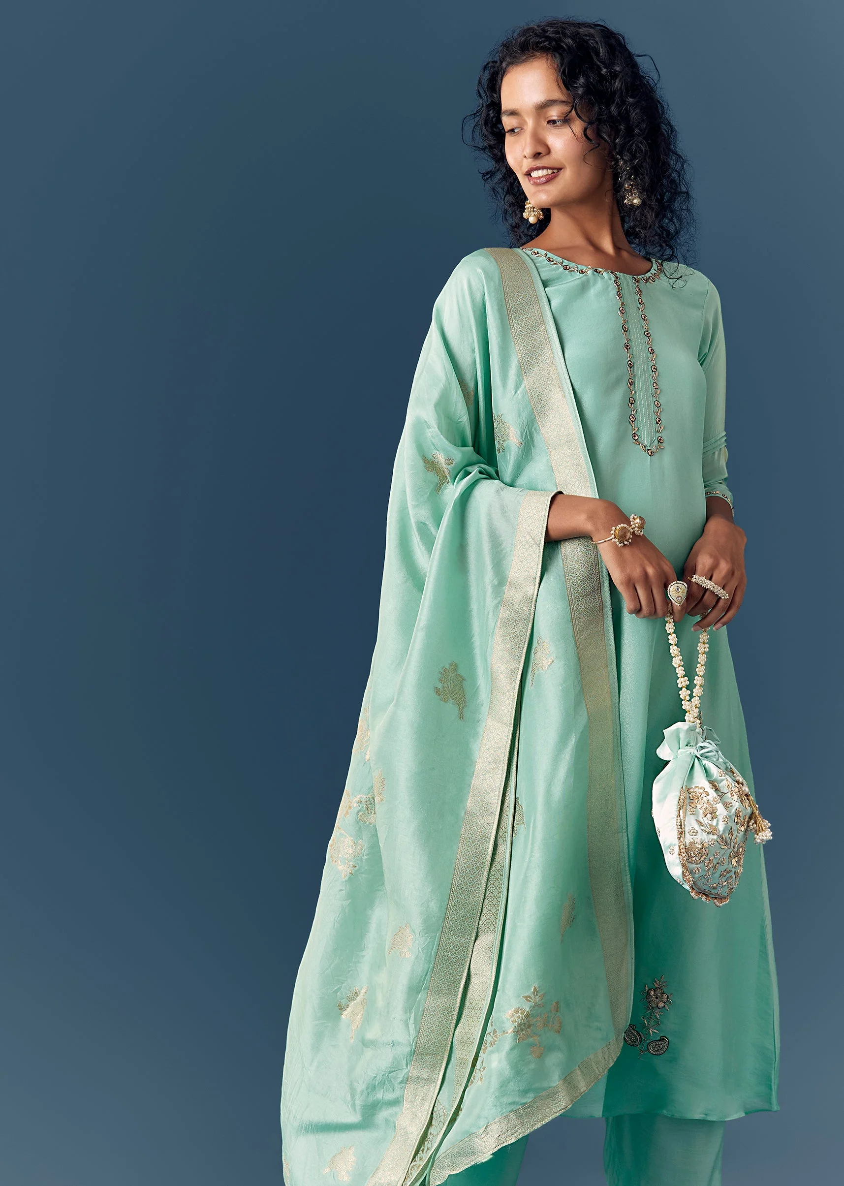 Aqua Blue Tissue Anarkali Set With Dupatta