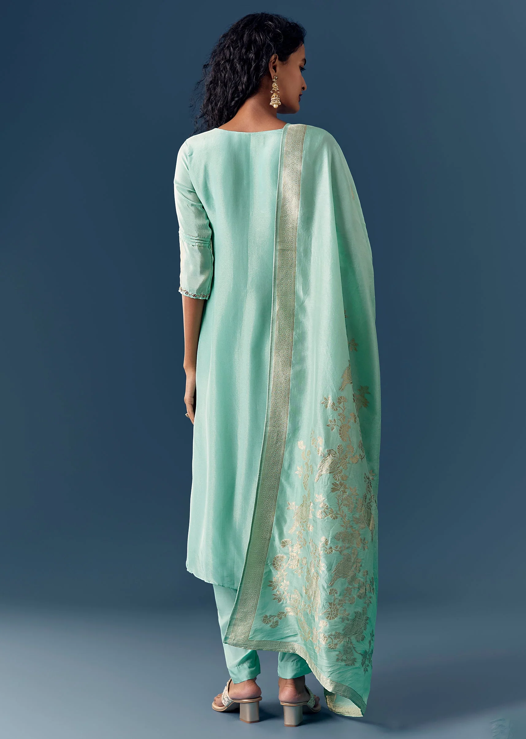 Aqua Blue Tissue Anarkali Set With Dupatta