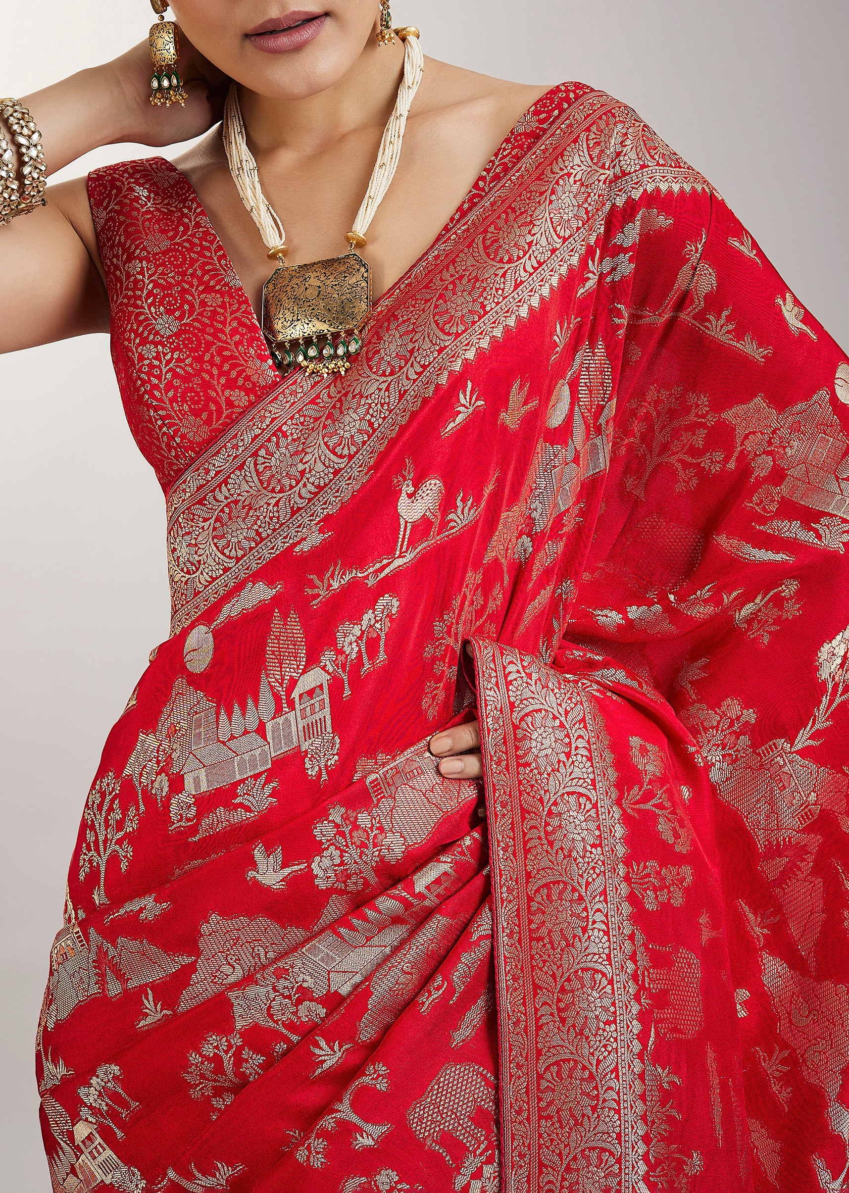 Red Dola Silk Jungla Weave Saree