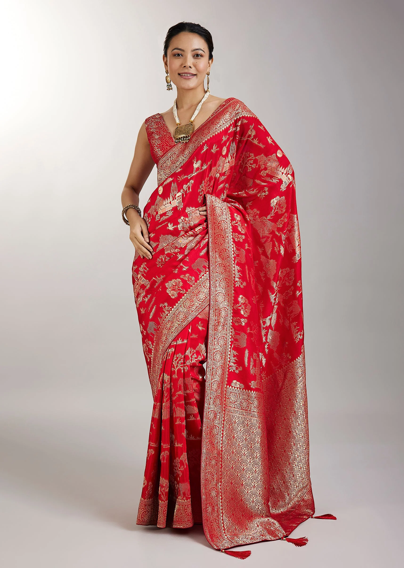Red Dola Silk Jungla Weave Saree