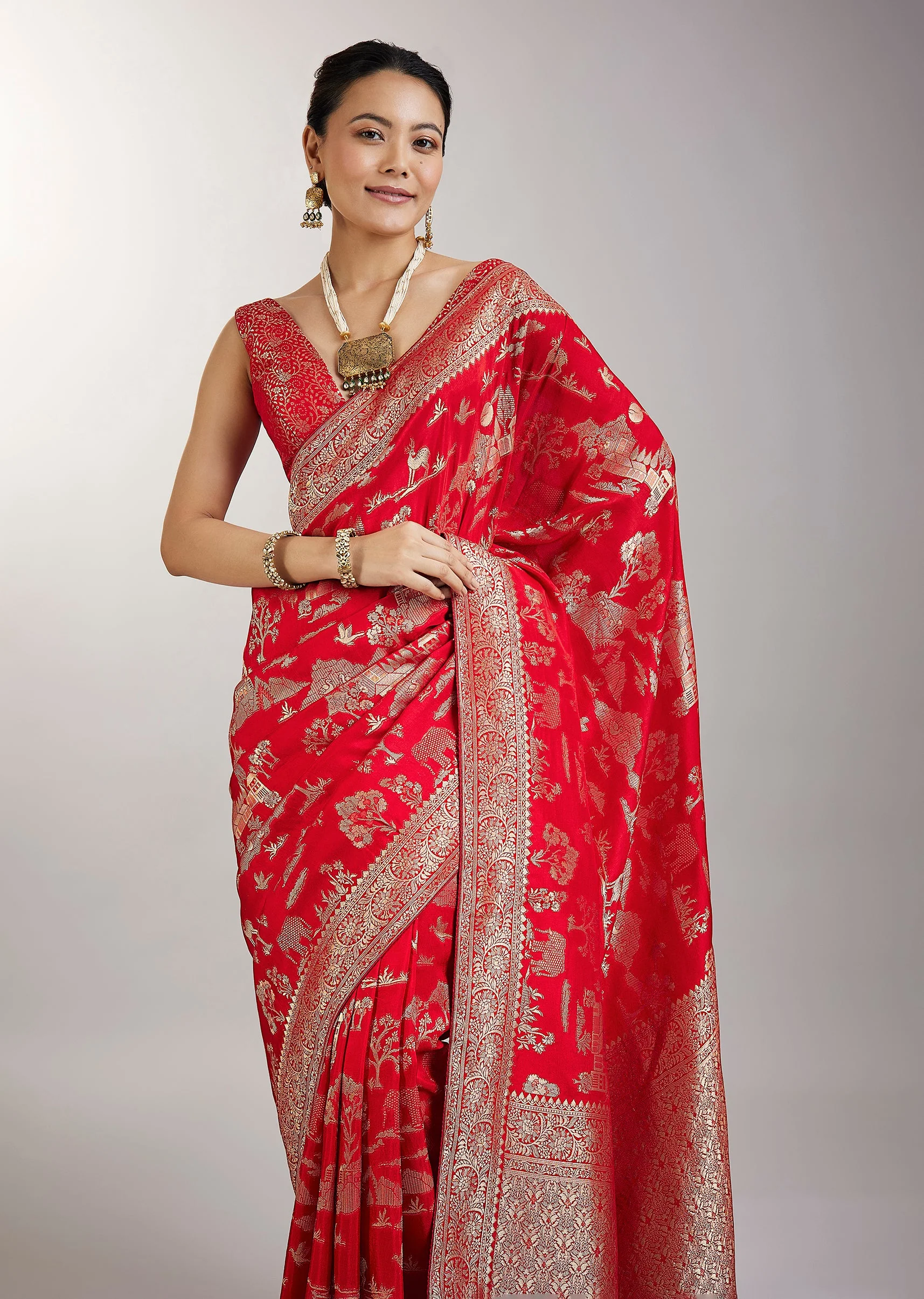 Red Dola Silk Jungla Weave Saree