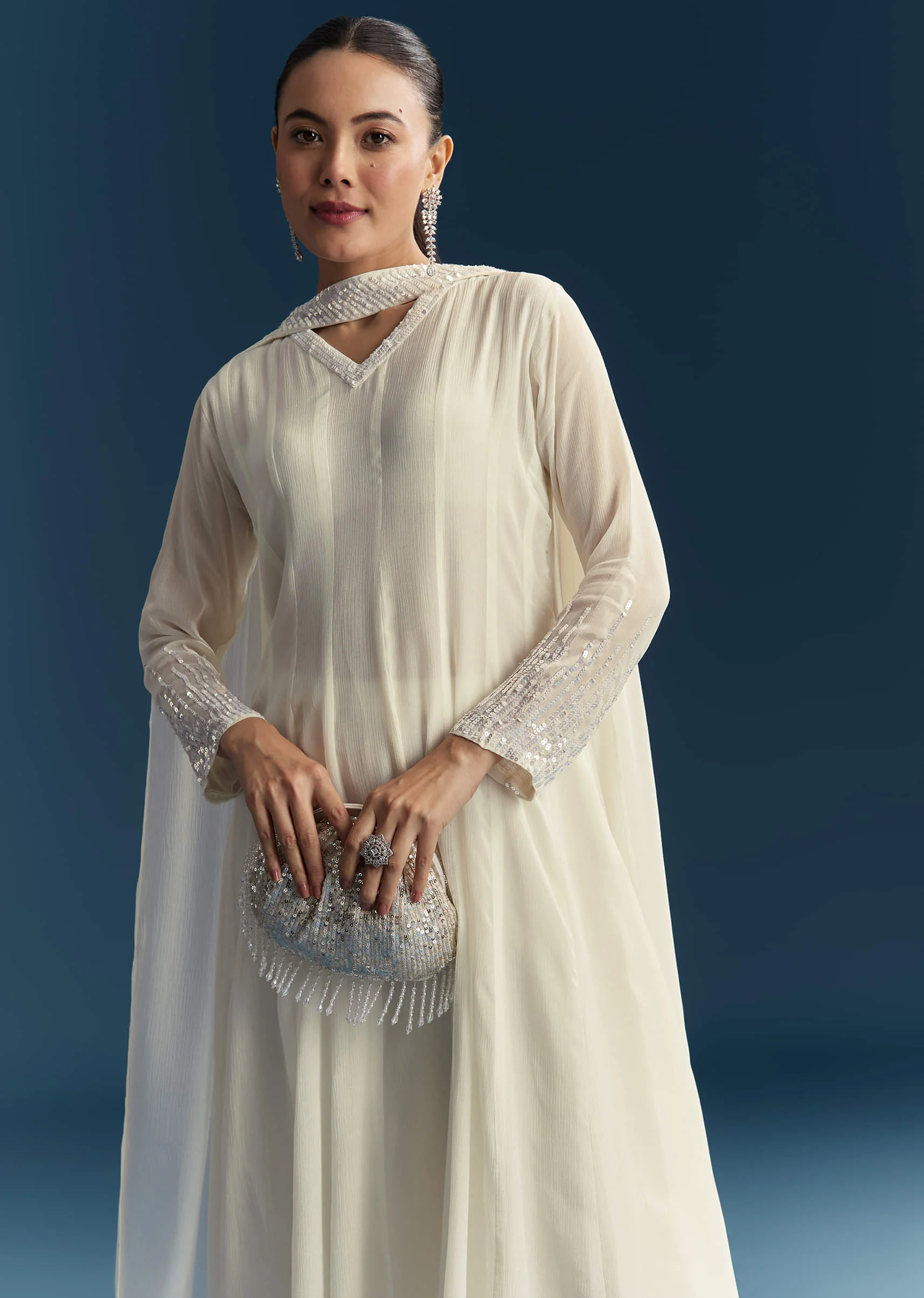 White Chinon Anarkali Suit With Sequins Work