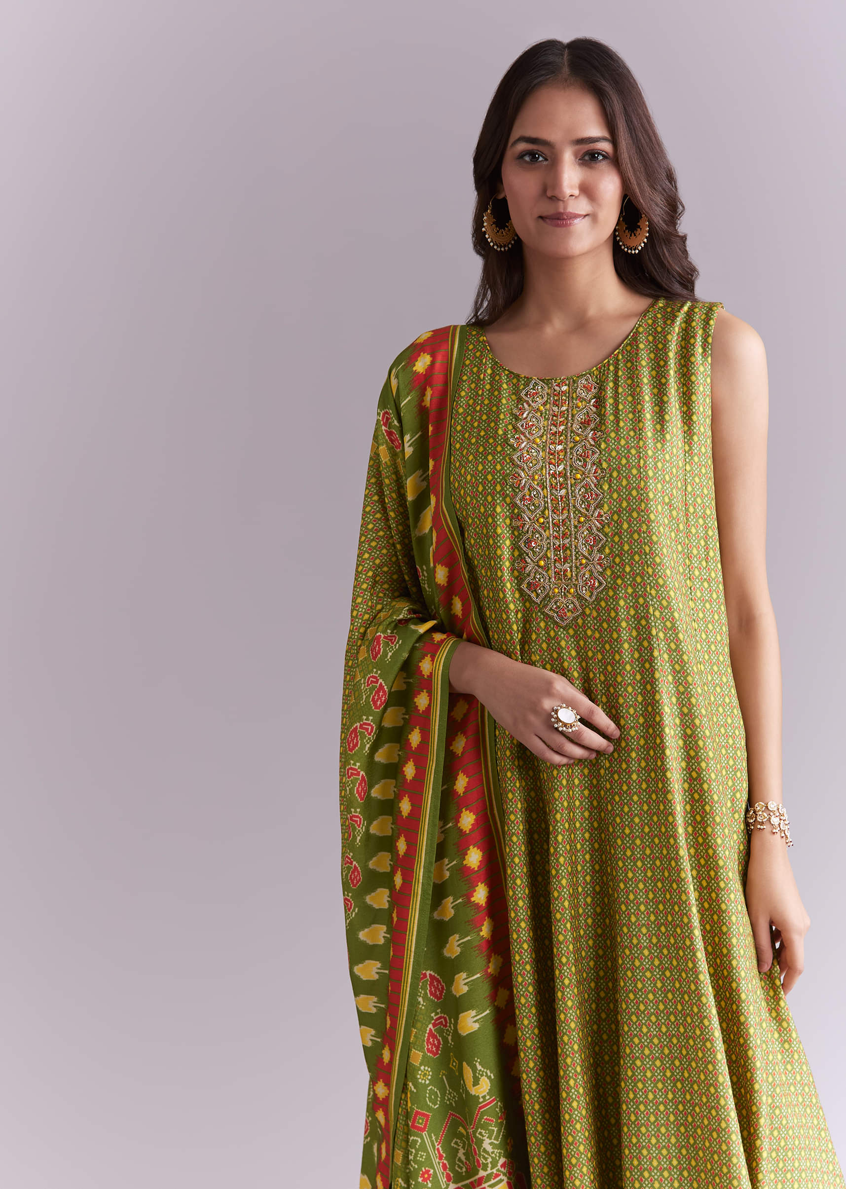 Green Muslin Anarkali Suit With Patola Style Print