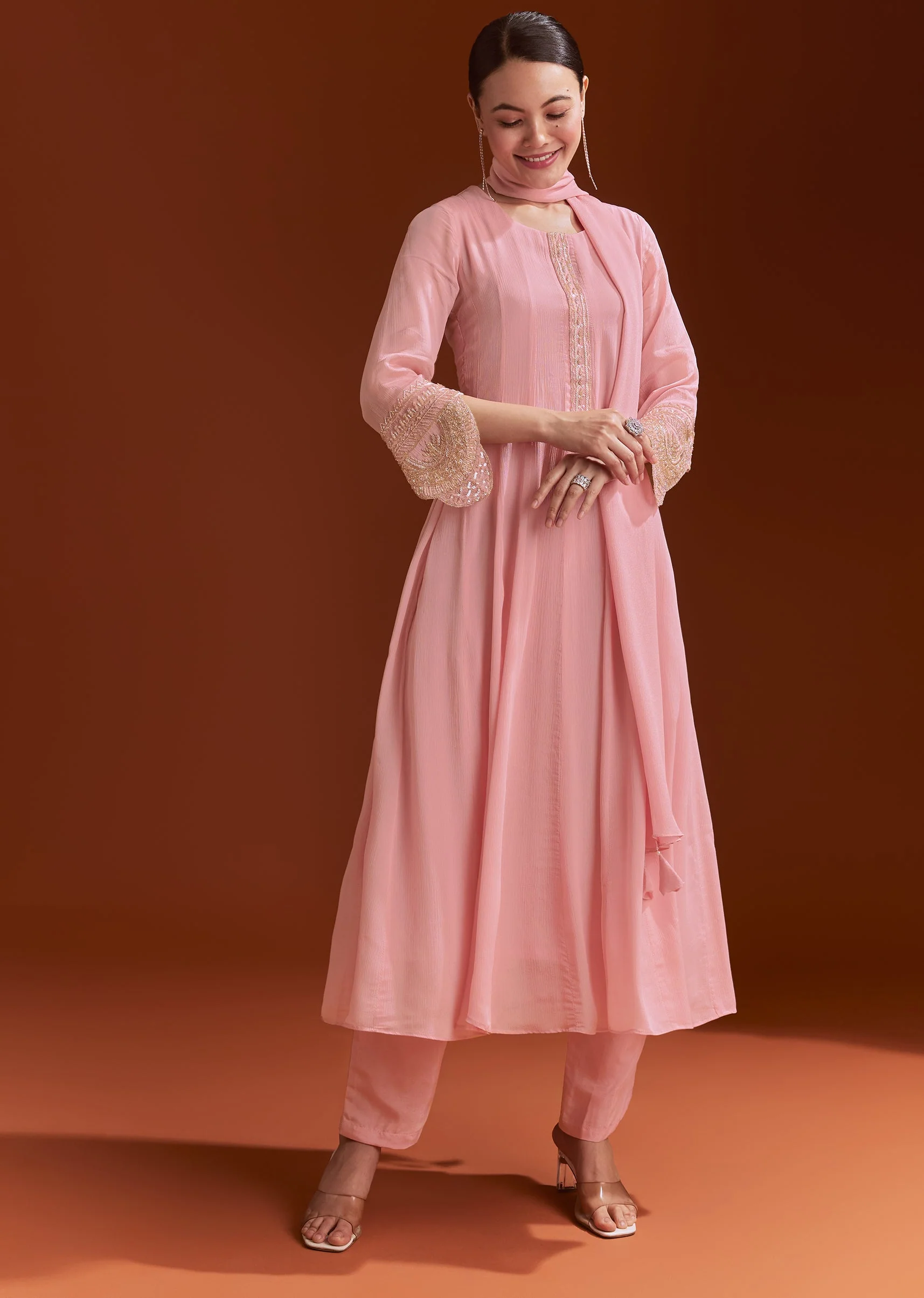 Light Pink Chinon Anarkali Suit With Cut Dana And Beads Work