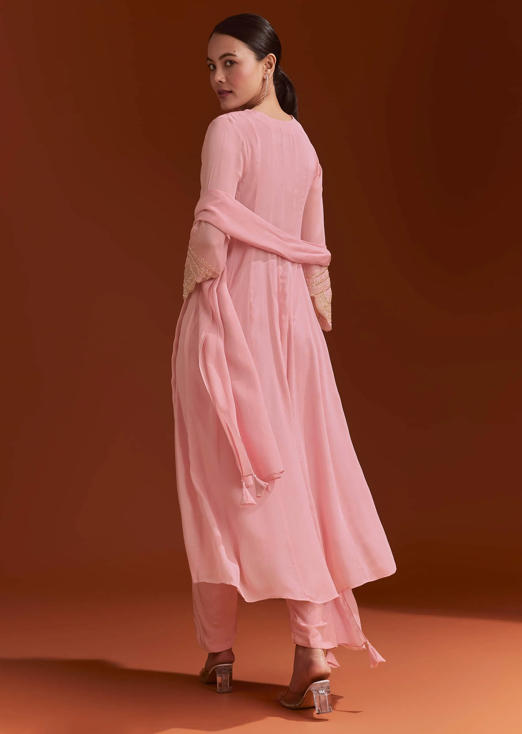 Light Pink Chinon Anarkali Suit With Cut Dana And Beads Work