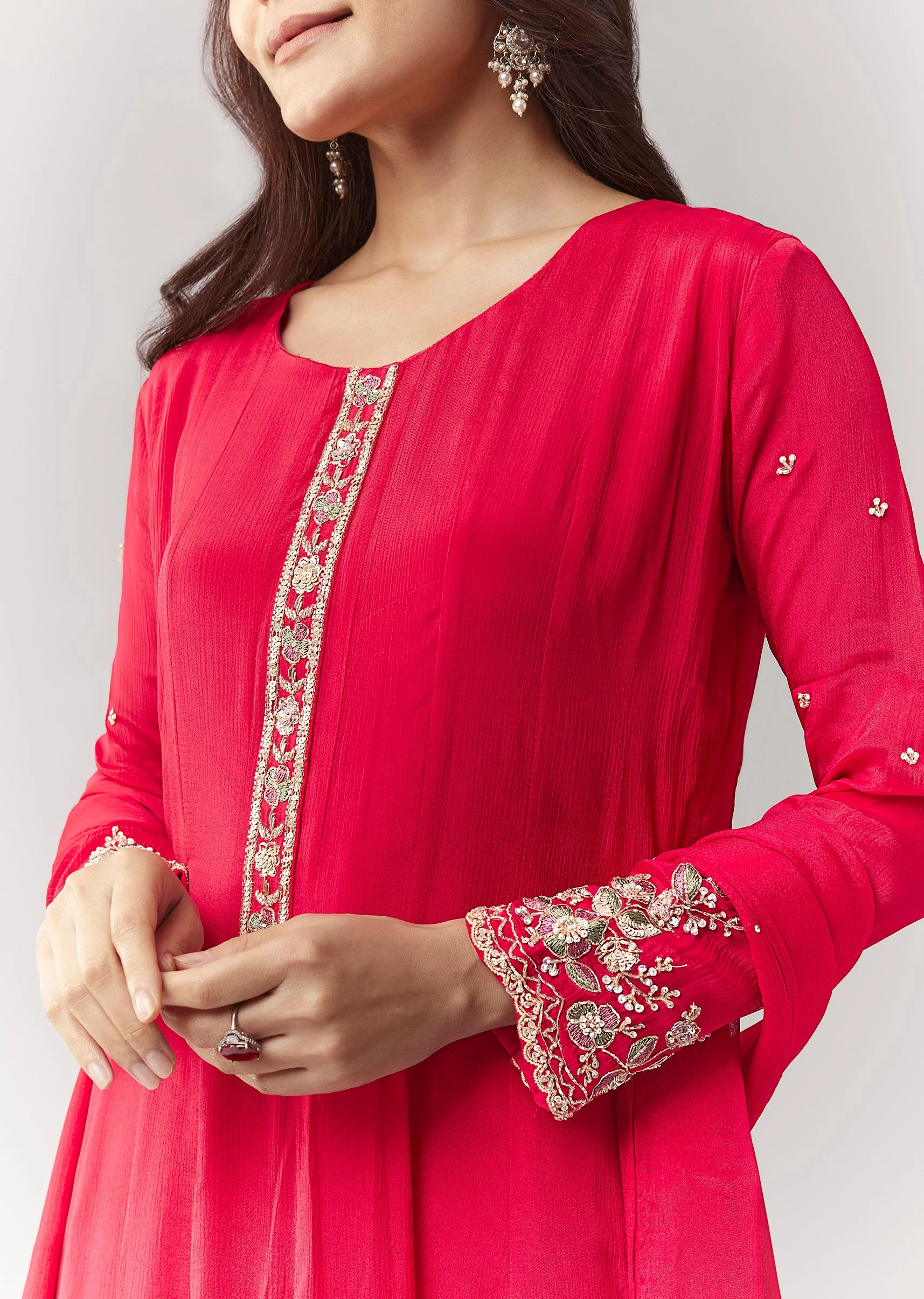 Pink Resham Cut Dana Sleeve Anarkali Pant Set With Dupatta