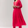 Pink Resham Cut Dana Sleeve Anarkali Pant Set With Dupatta