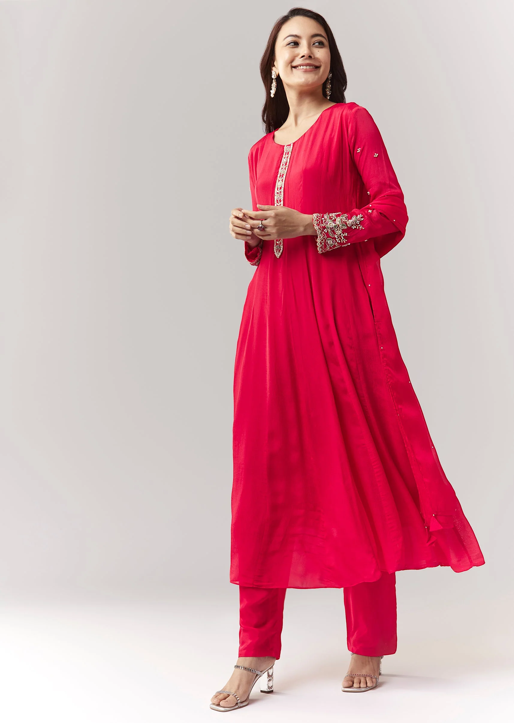 Pink Resham Cut Dana Sleeve Anarkali Pant Set With Dupatta