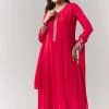 Pink Resham Cut Dana Sleeve Anarkali Pant Set With Dupatta
