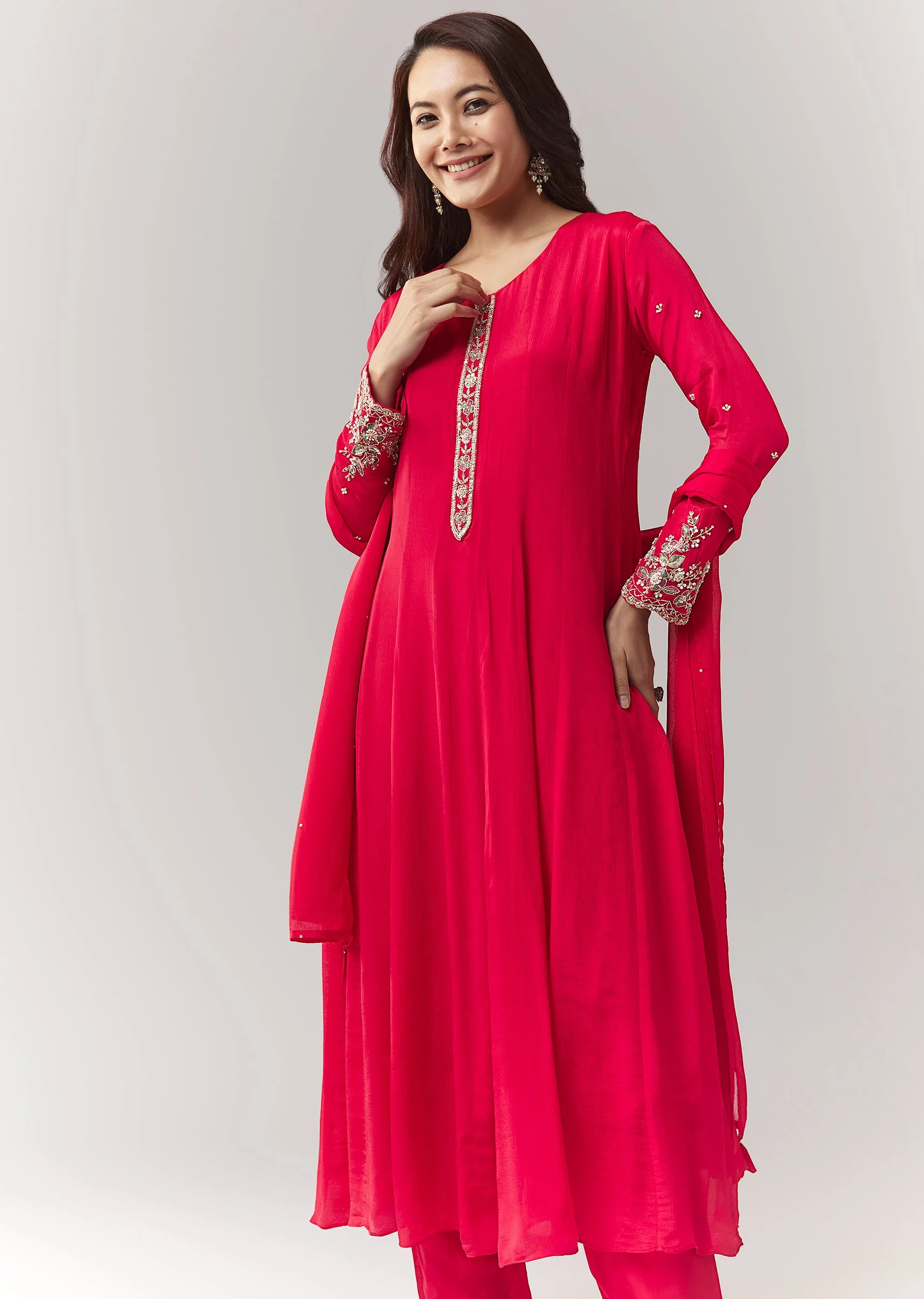 Pink Resham Cut Dana Sleeve Anarkali Pant Set With Dupatta