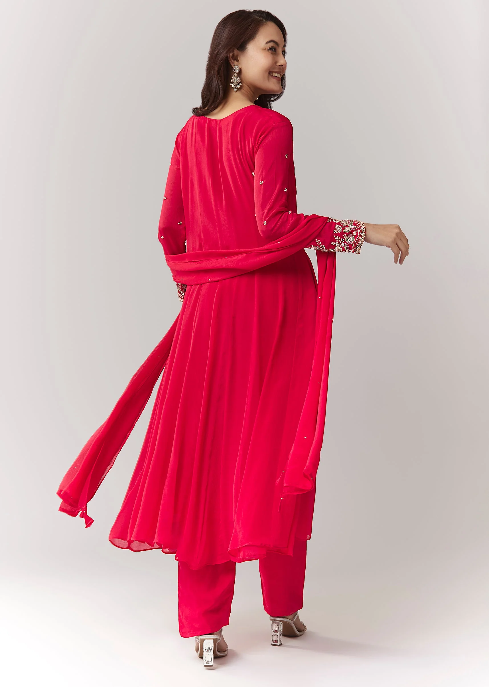 Pink Resham Cut Dana Sleeve Anarkali Pant Set With Dupatta
