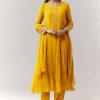 Yellow Resham Cut Dana Sleeve Anarkali Pant Set With Dupatta