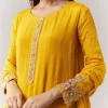 Yellow Resham Cut Dana Sleeve Anarkali Pant Set With Dupatta