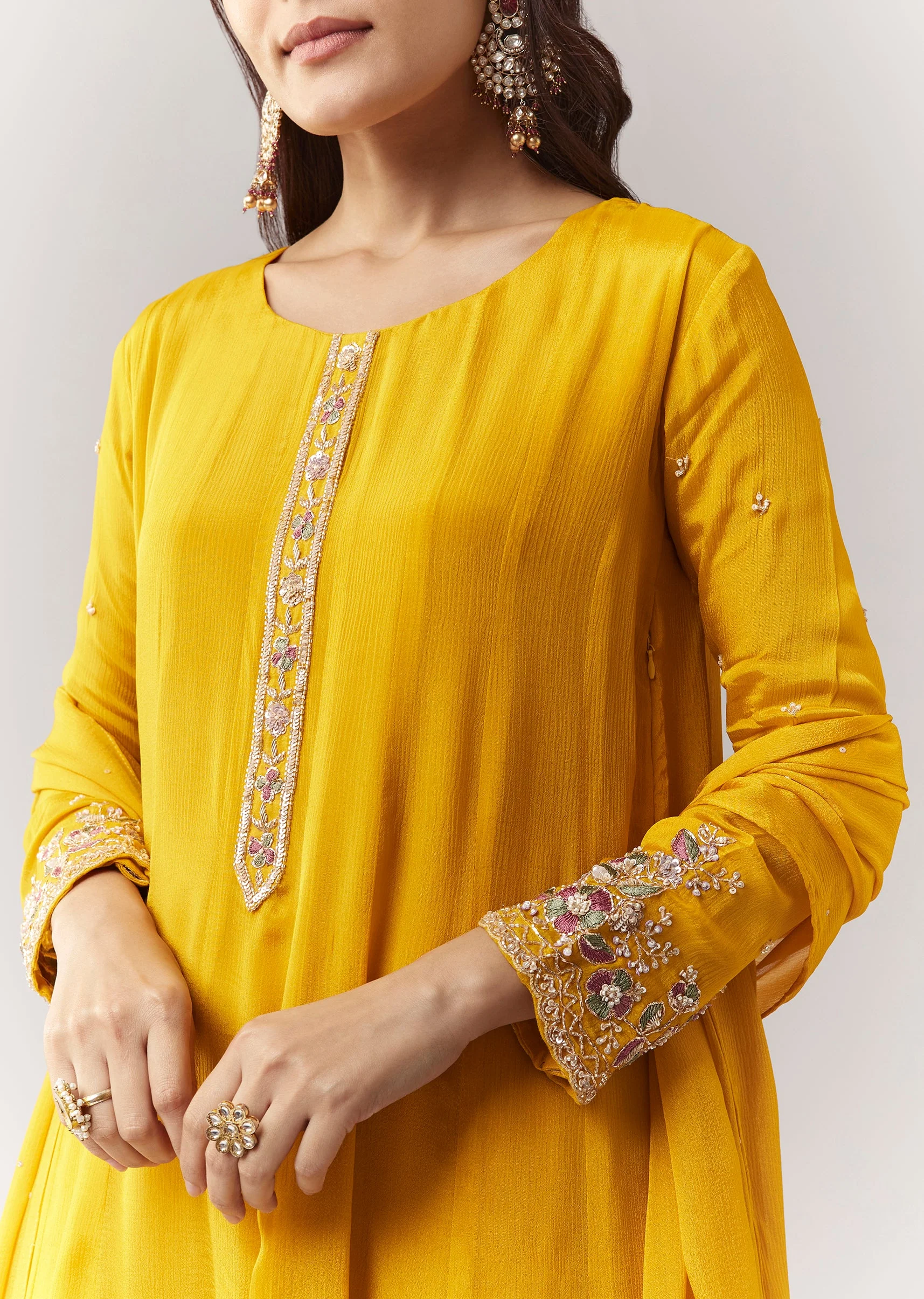 Yellow Resham Cut Dana Sleeve Anarkali Pant Set With Dupatta