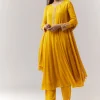Yellow Resham Cut Dana Sleeve Anarkali Pant Set With Dupatta
