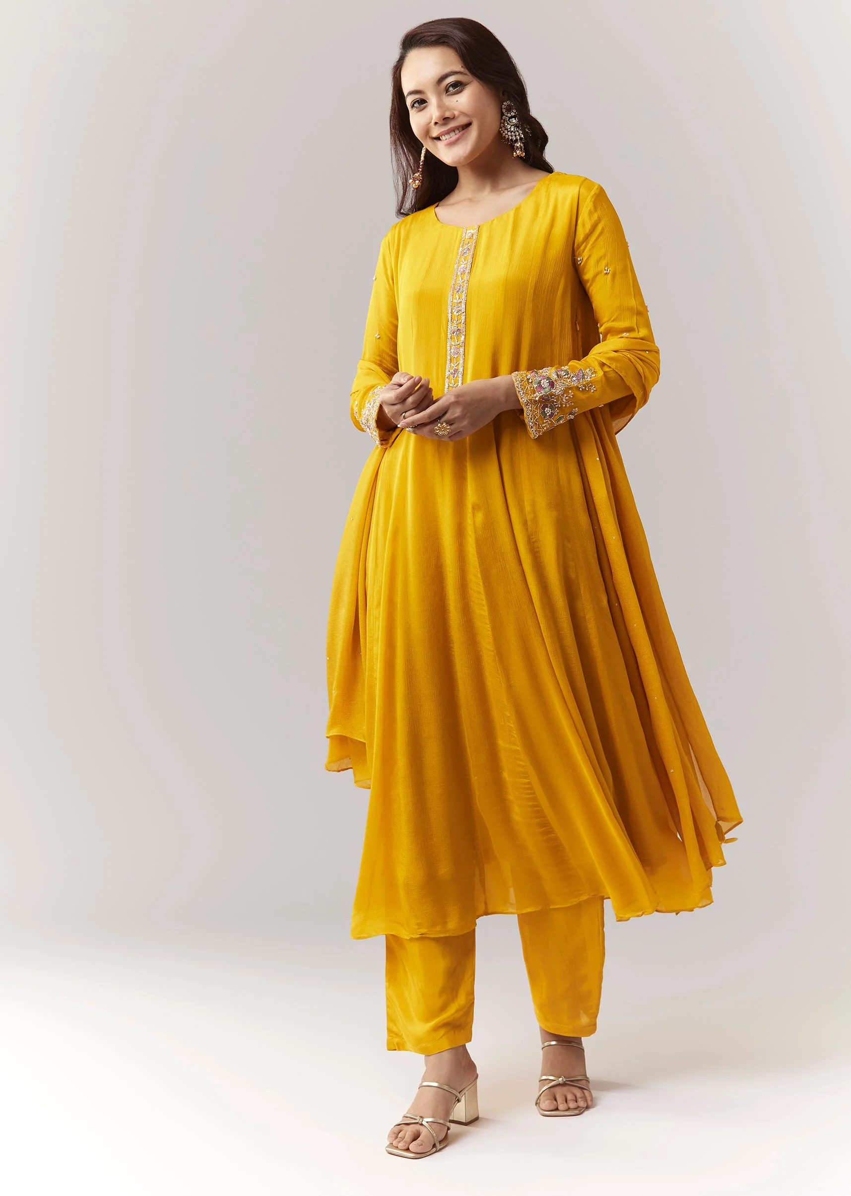 Yellow Resham Cut Dana Sleeve Anarkali Pant Set With Dupatta