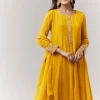 Yellow Resham Cut Dana Sleeve Anarkali Pant Set With Dupatta