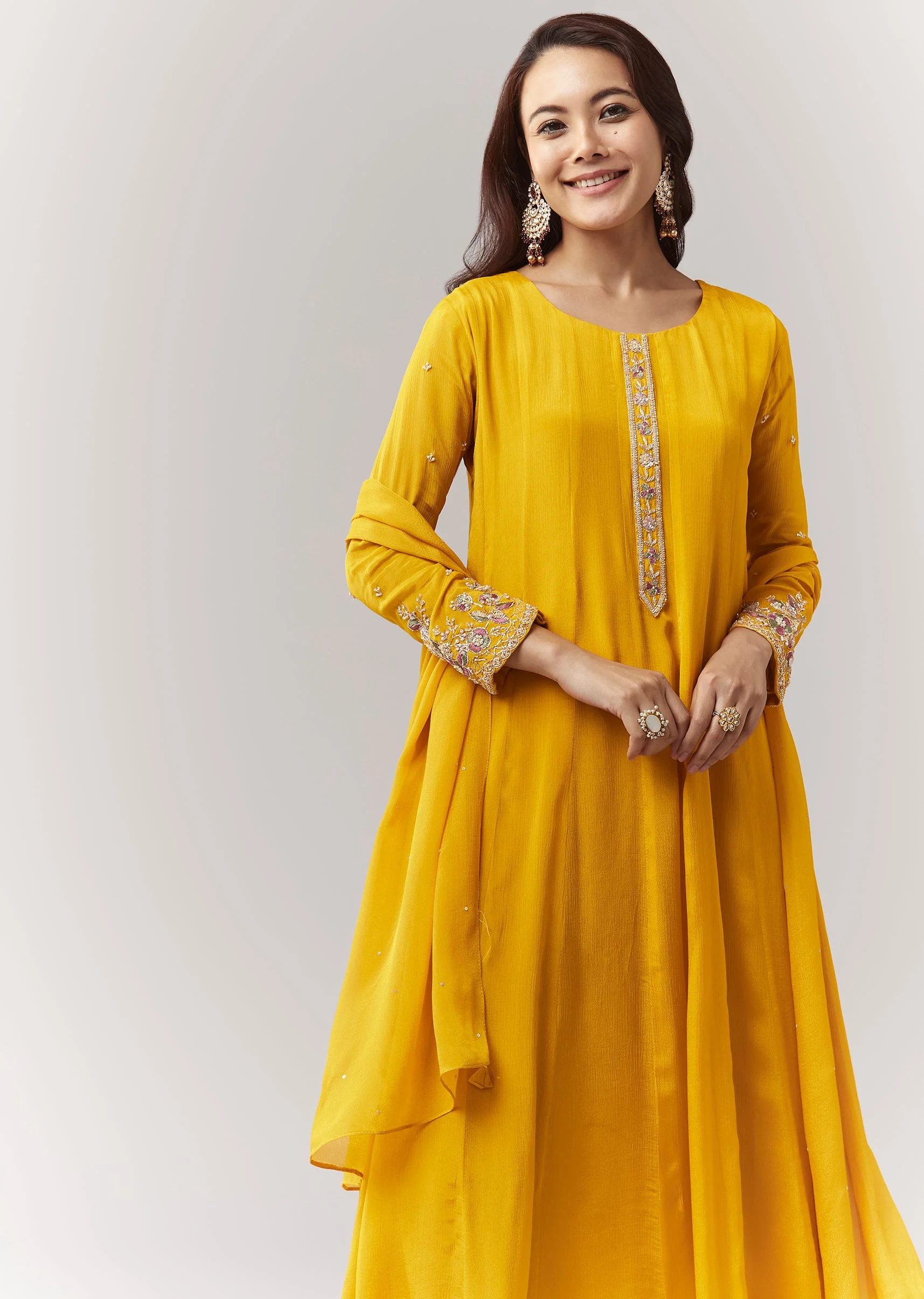 Yellow Resham Cut Dana Sleeve Anarkali Pant Set With Dupatta