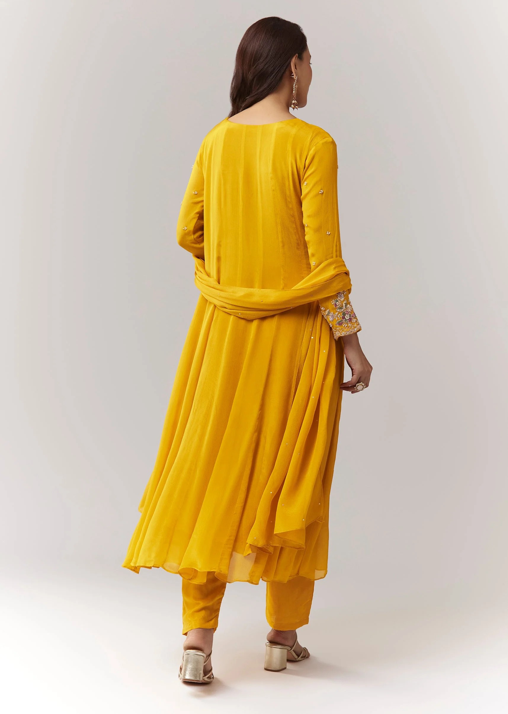 Yellow Resham Cut Dana Sleeve Anarkali Pant Set With Dupatta