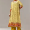 Yellow Anarkali Suit In Chevron Print With Mirror Moti And Stone Work And Dupatta