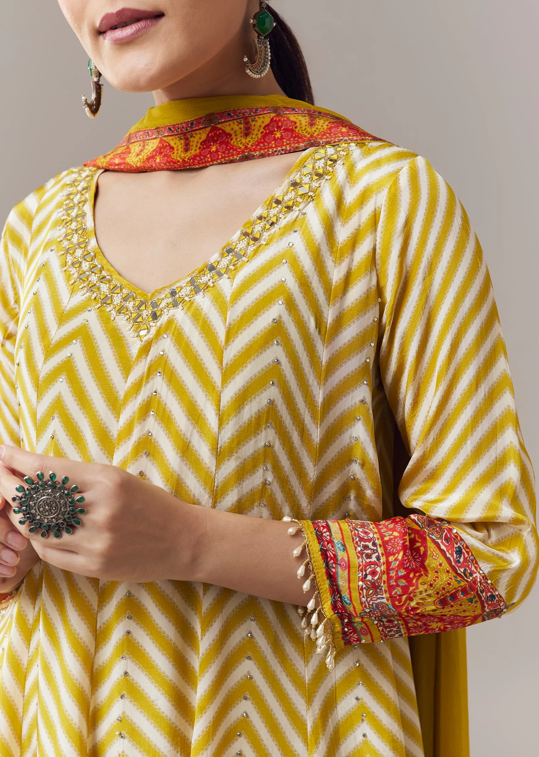 Yellow Anarkali Suit In Chevron Print With Mirror Moti And Stone Work And Dupatta