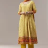 Yellow Anarkali Suit In Chevron Print With Mirror Moti And Stone Work And Dupatta