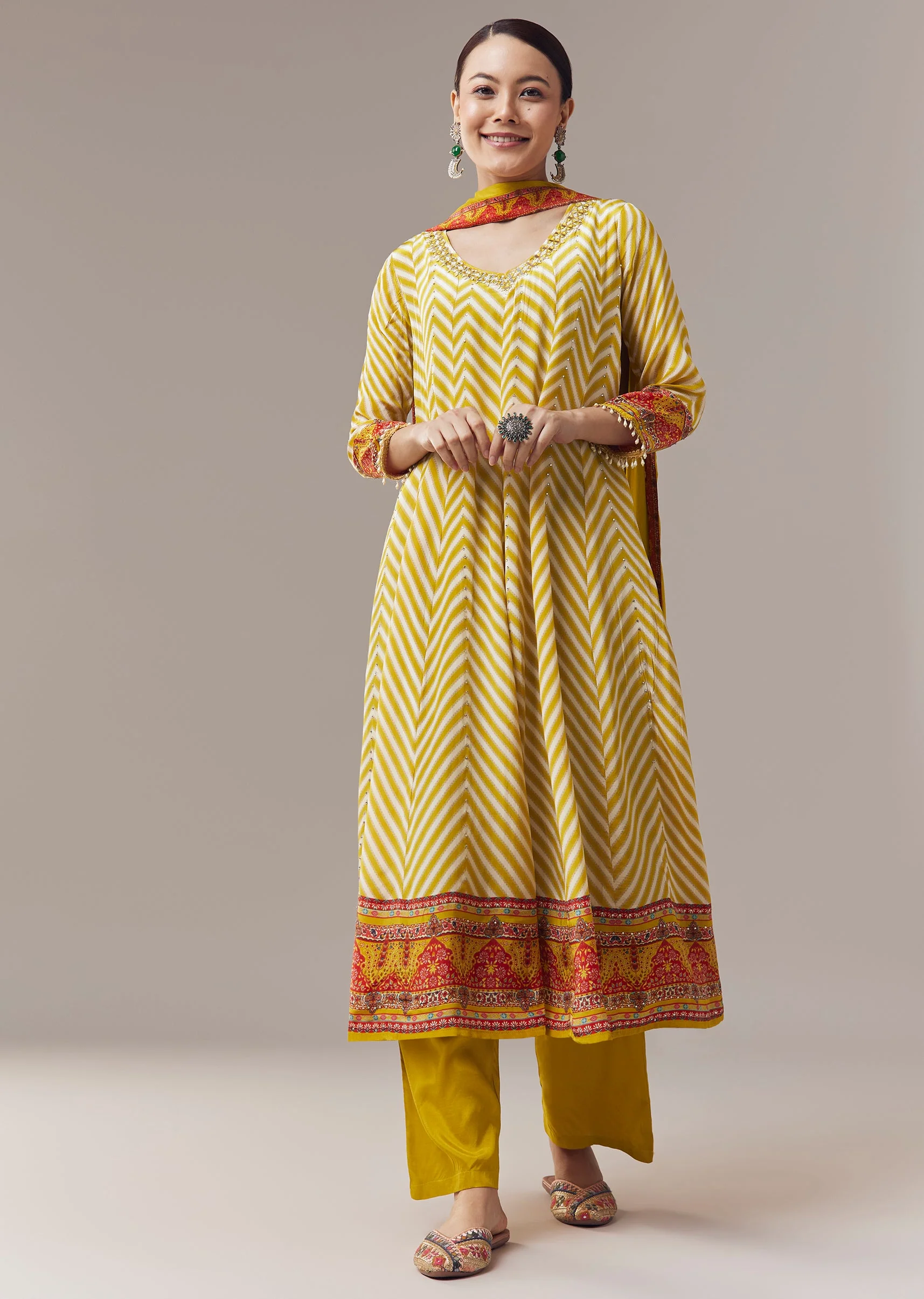 Yellow Anarkali Suit In Chevron Print With Mirror Moti And Stone Work And Dupatta