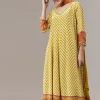 Yellow Anarkali Suit In Chevron Print With Mirror Moti And Stone Work And Dupatta