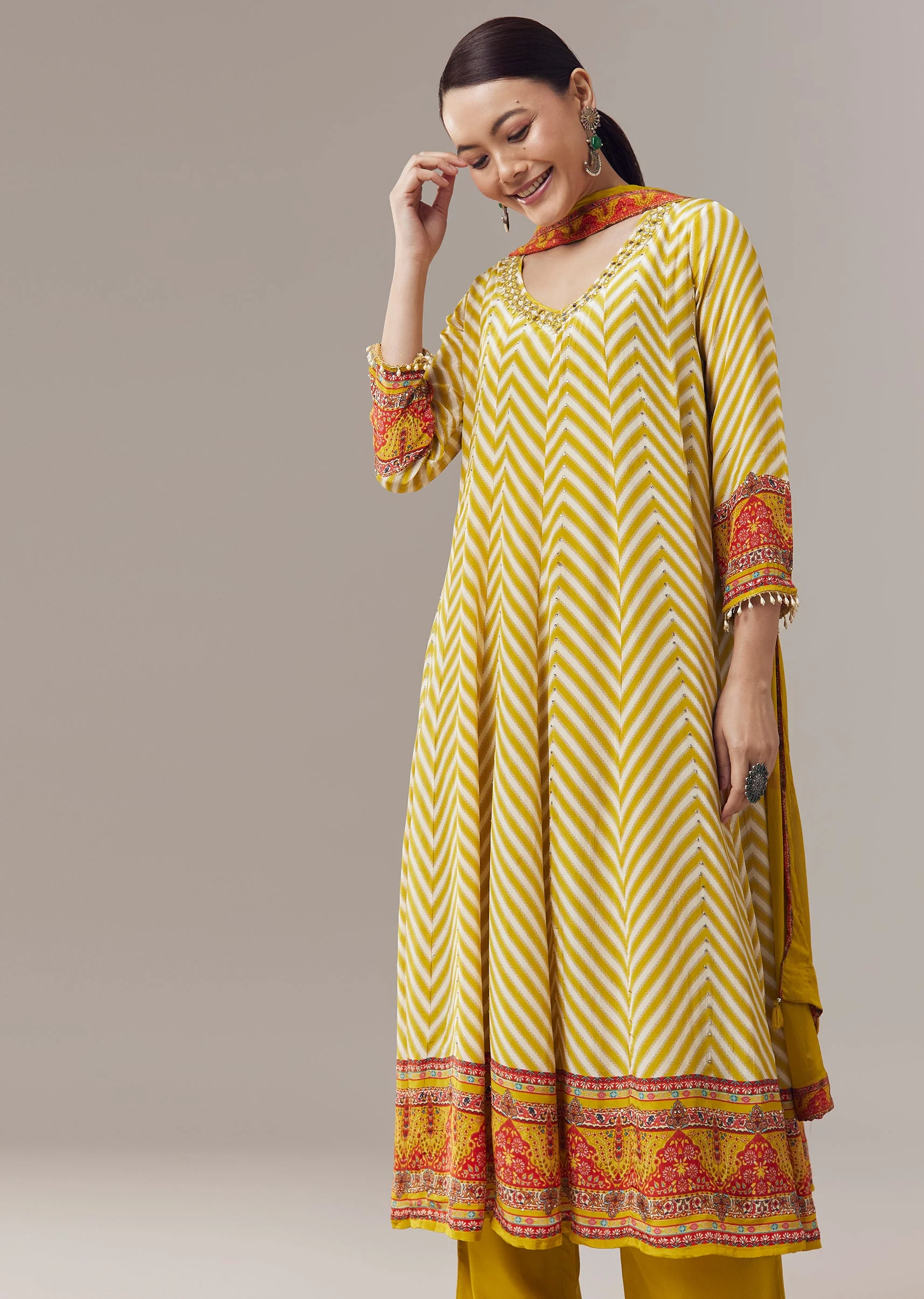 Yellow Anarkali Suit In Chevron Print With Mirror Moti And Stone Work And Dupatta