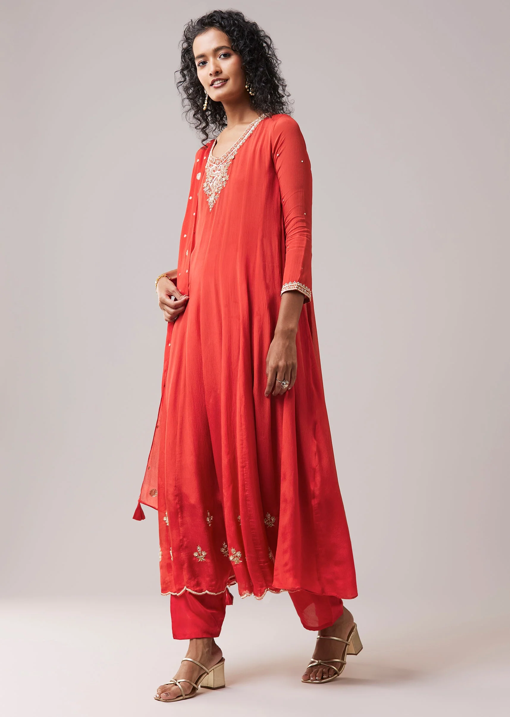 Rust Chinon Zardozi Work Anarkali Set