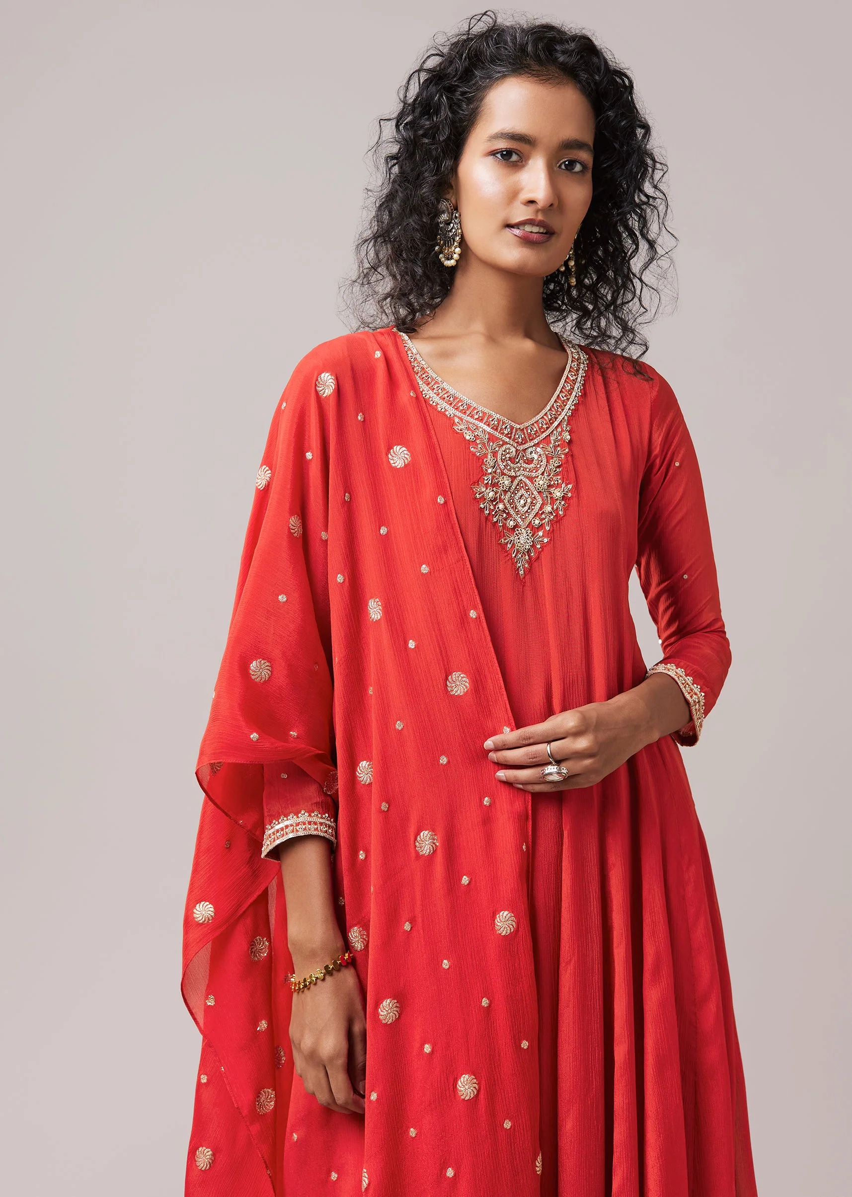 Rust Chinon Zardozi Work Anarkali Set