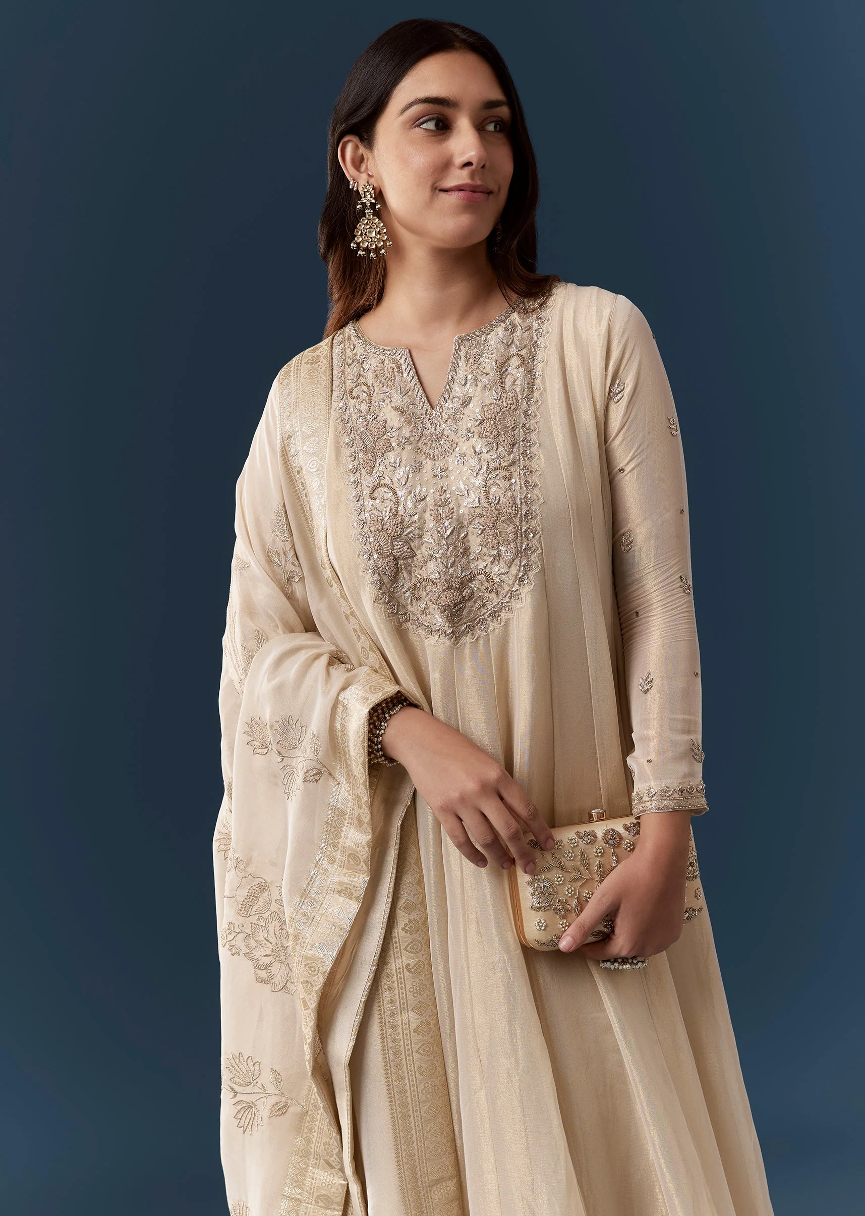 Cream Zardozi Work Anarkali Set