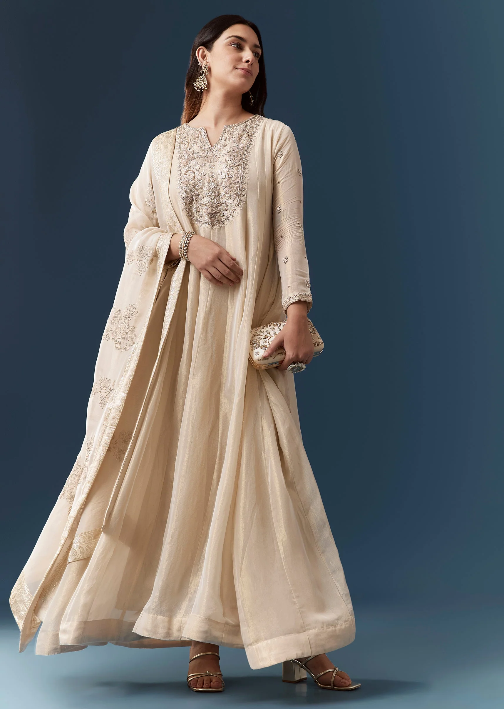 Cream Zardozi Work Anarkali Set