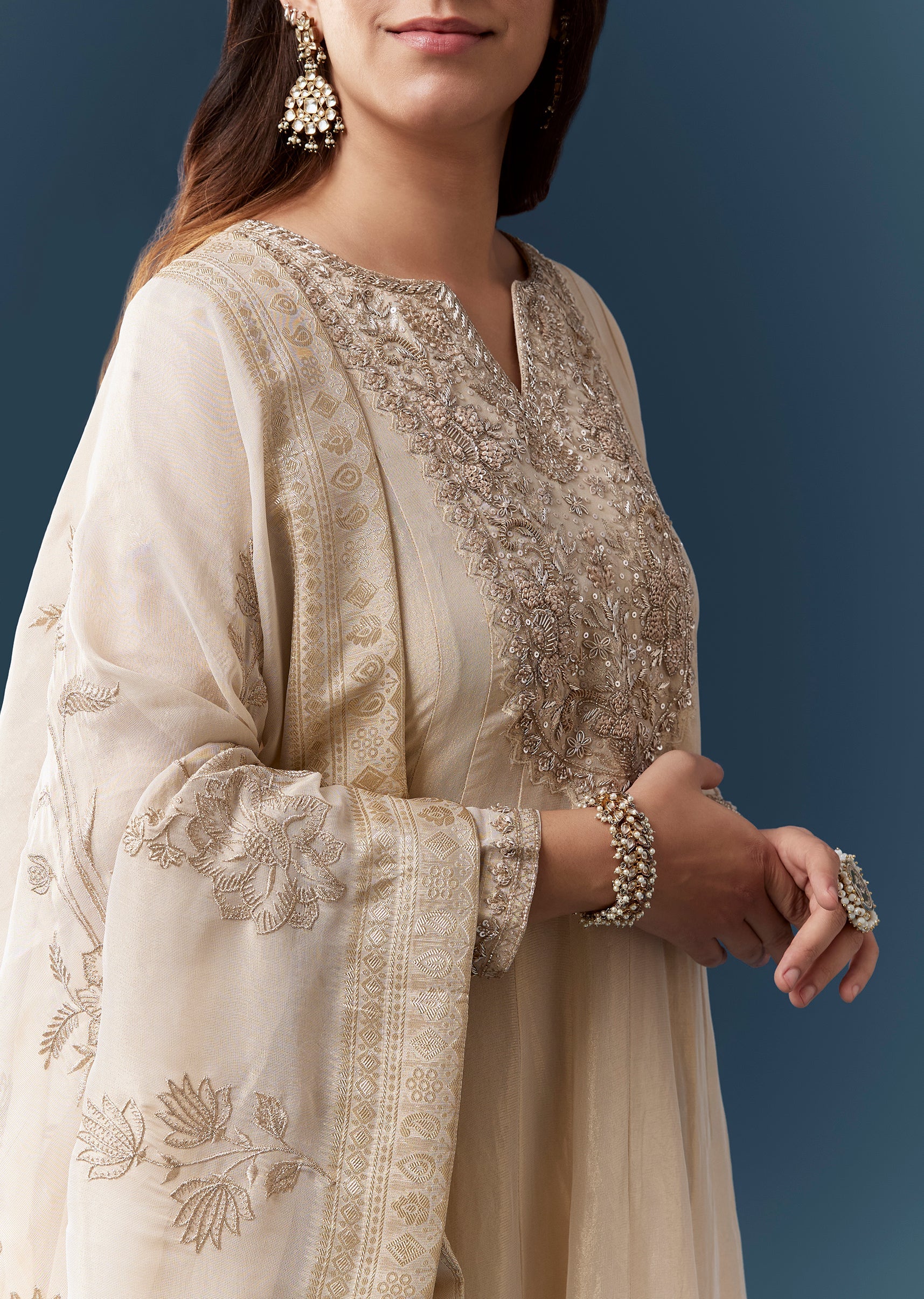 Cream Zardozi Work Anarkali Set