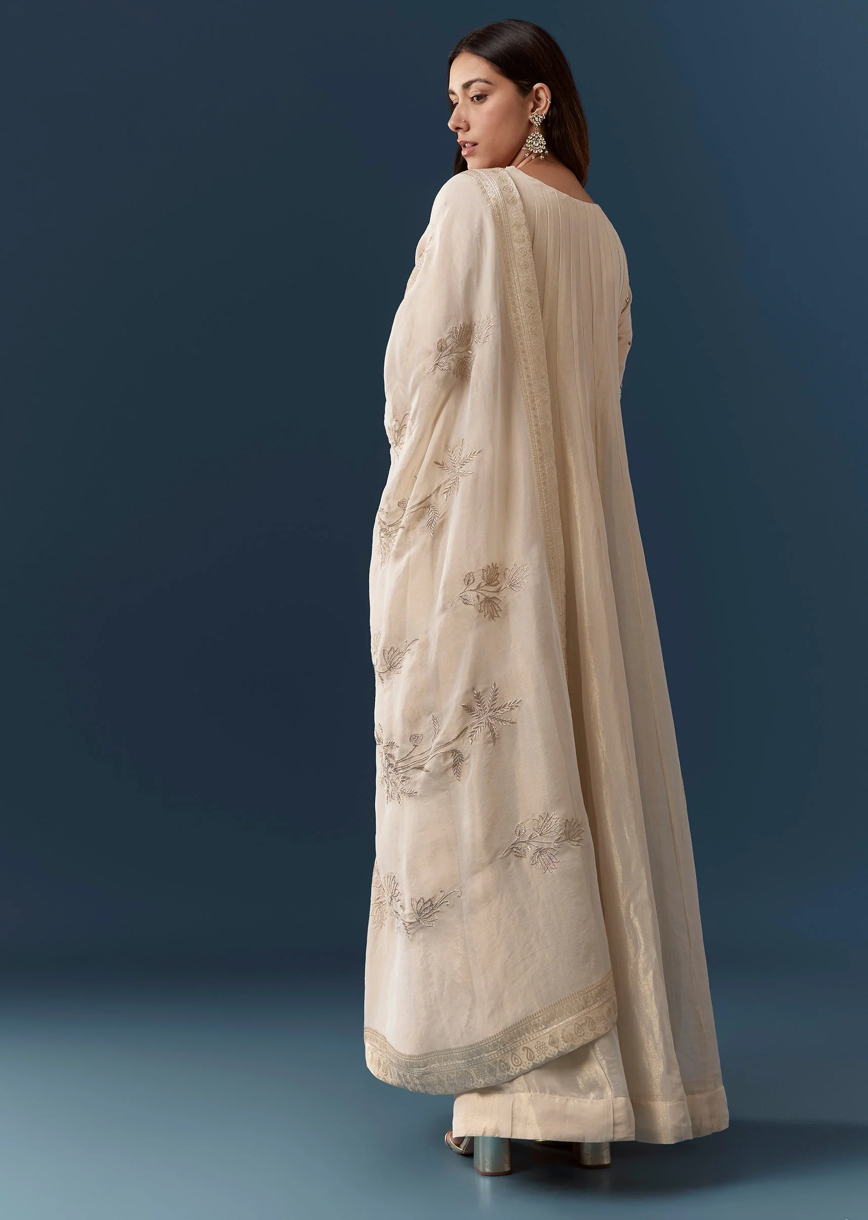 Cream Zardozi Work Anarkali Set