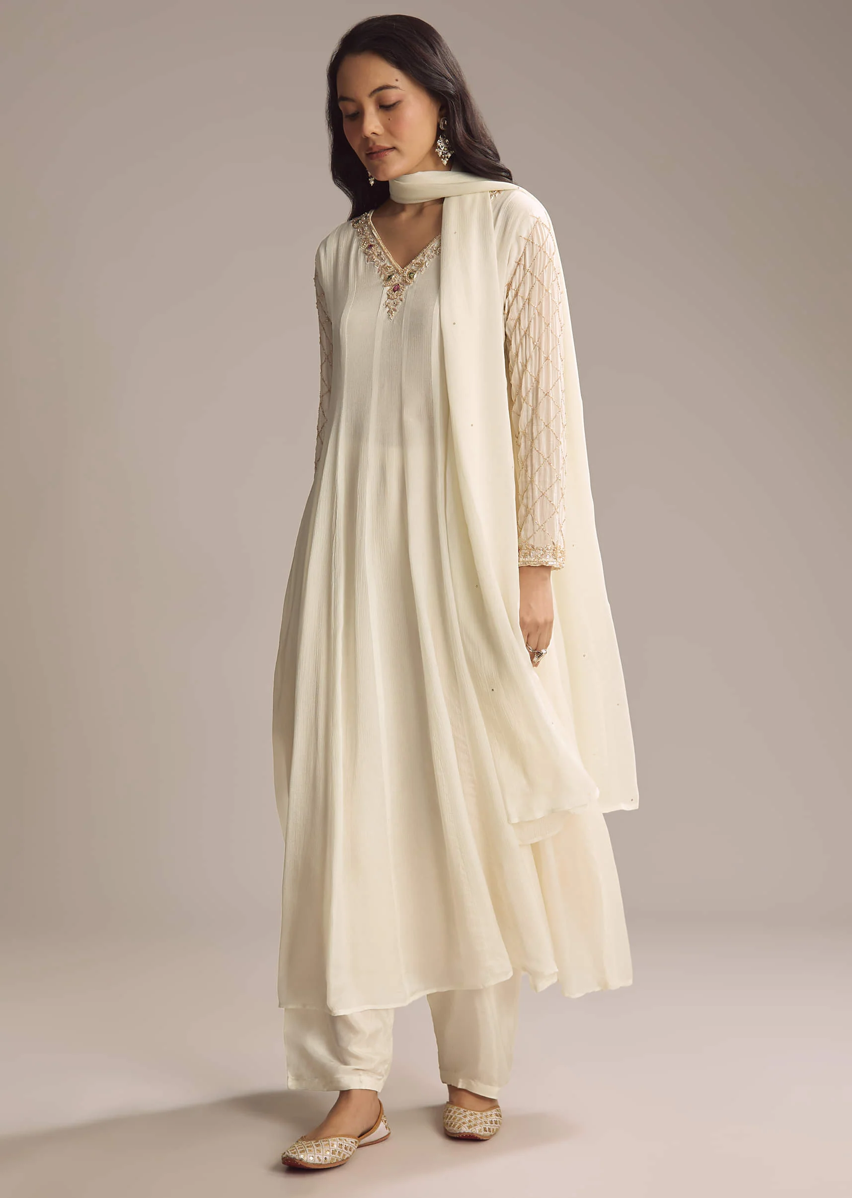 White Chinon Anarkali Suit With Cutdana And Sequins Work