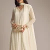White Chinon Anarkali Suit With Cutdana And Sequins Work