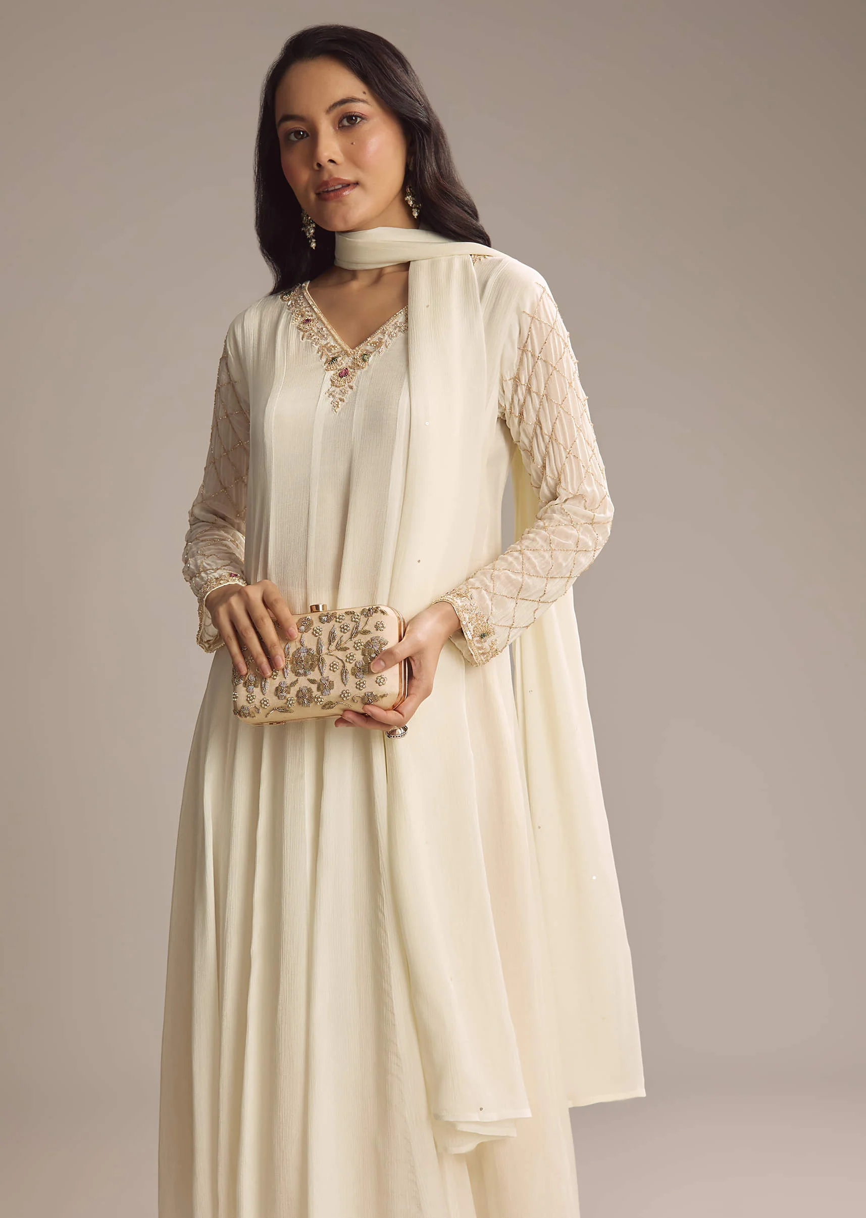 White Chinon Anarkali Suit With Cutdana And Sequins Work