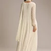 White Chinon Anarkali Suit With Cutdana And Sequins Work