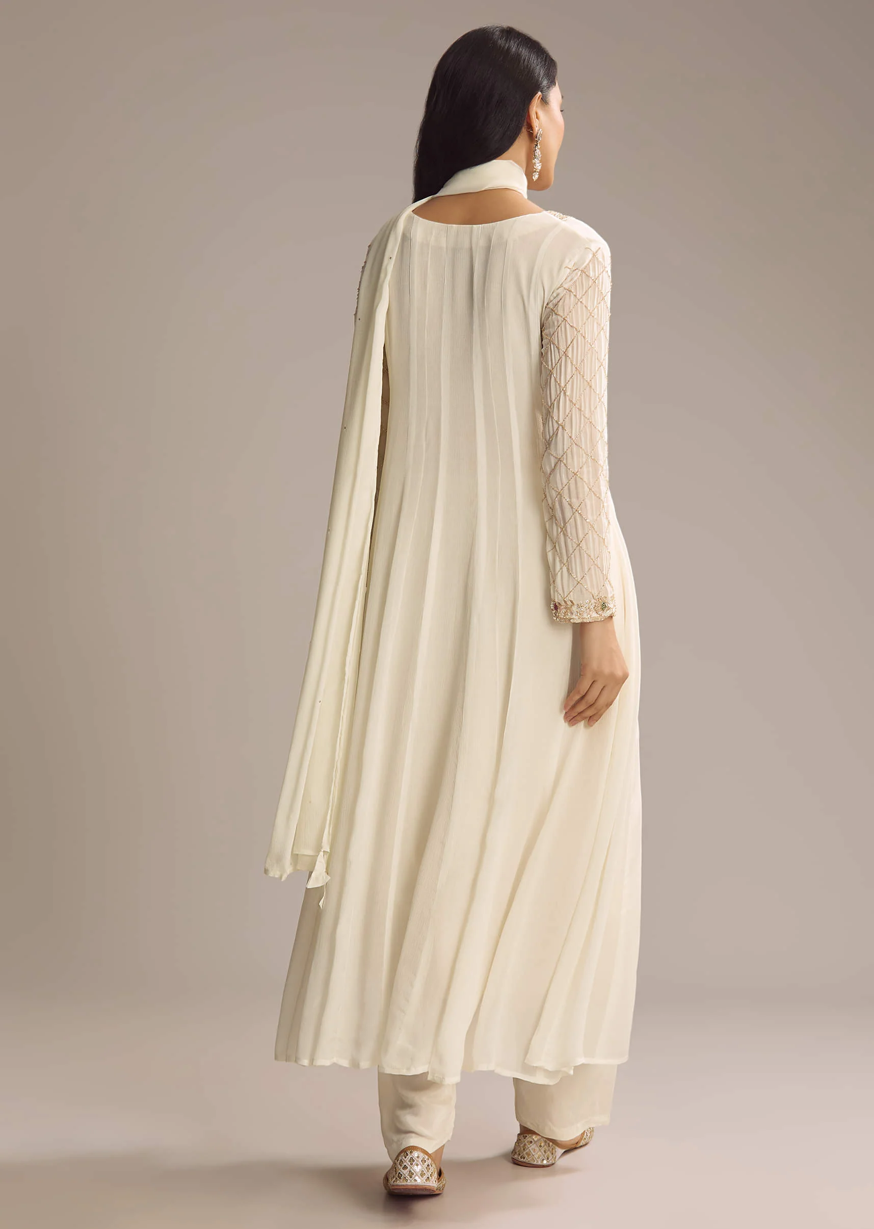 White Chinon Anarkali Suit With Cutdana And Sequins Work
