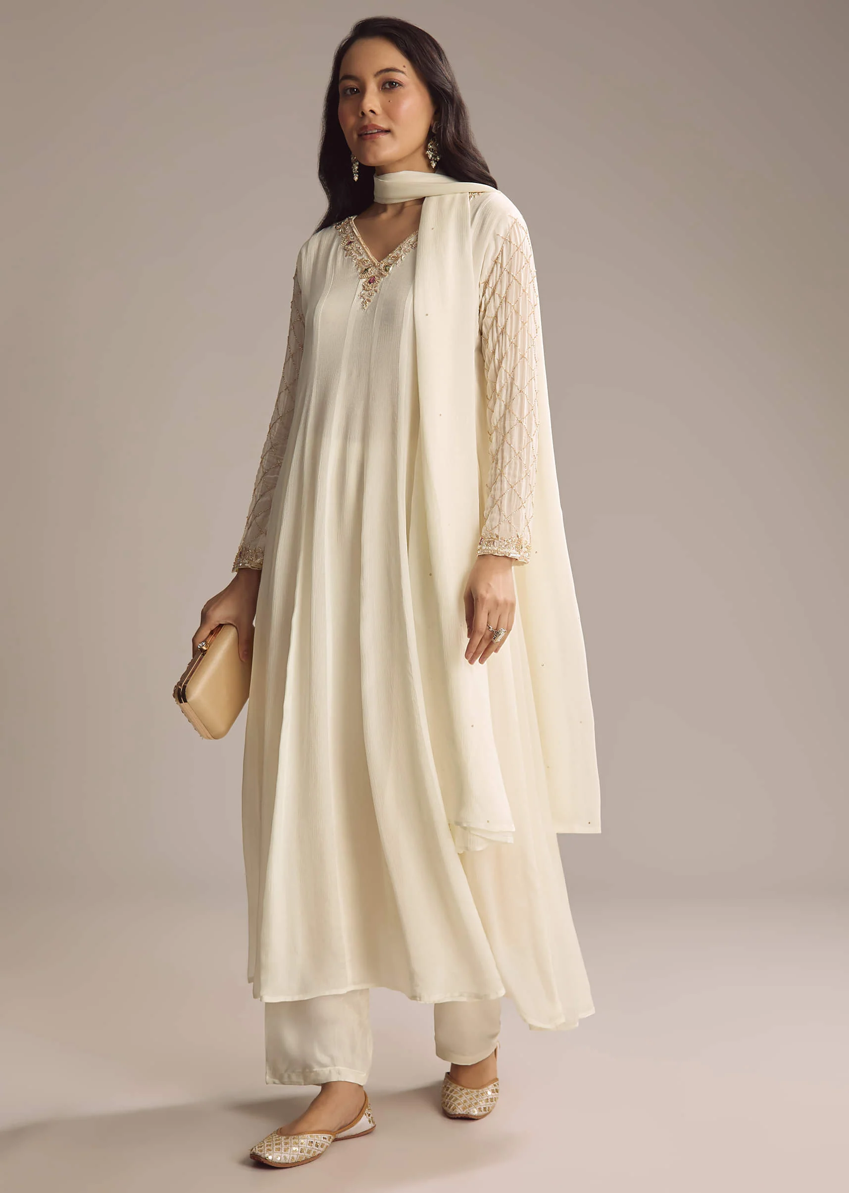 White Chinon Anarkali Suit With Cutdana And Sequins Work