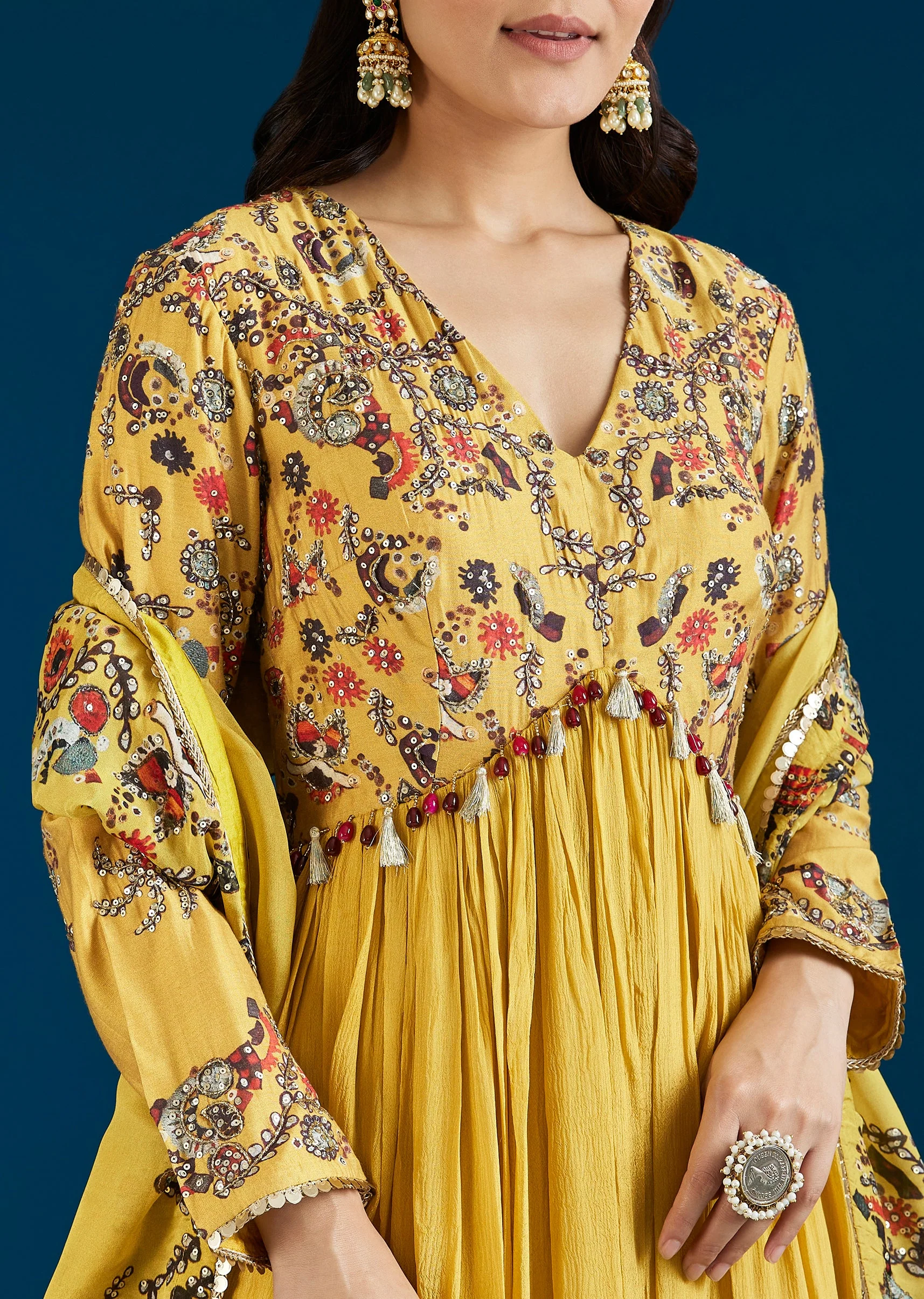 Yellow Printed Chinon Anarkali Suit With Dupatta