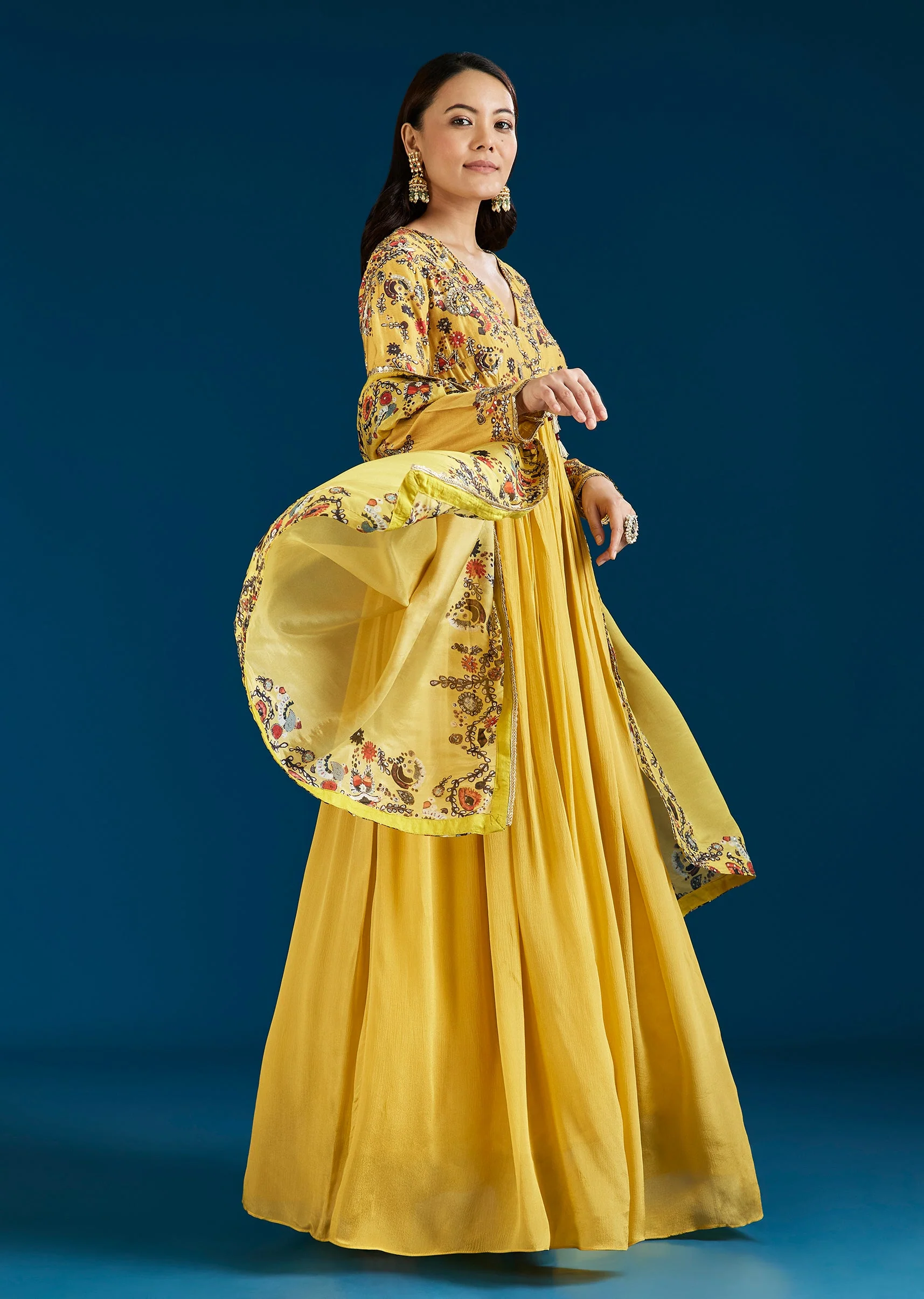 Yellow Printed Chinon Anarkali Suit With Dupatta
