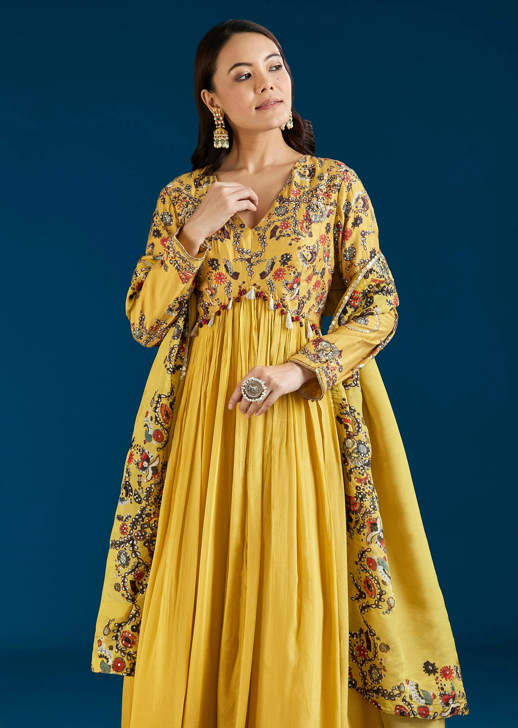 Yellow Printed Chinon Anarkali Suit With Dupatta