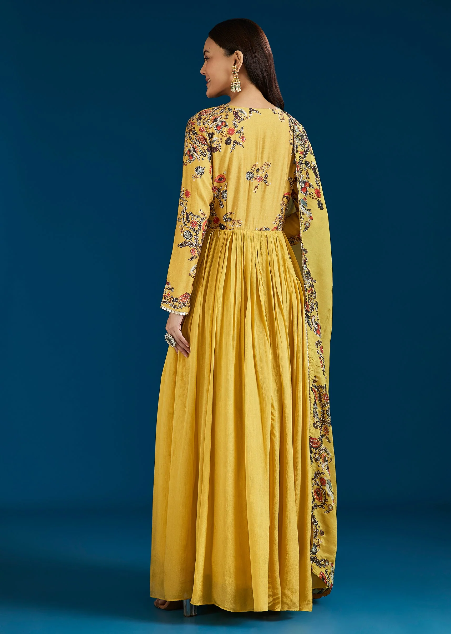 Yellow Printed Chinon Anarkali Suit With Dupatta