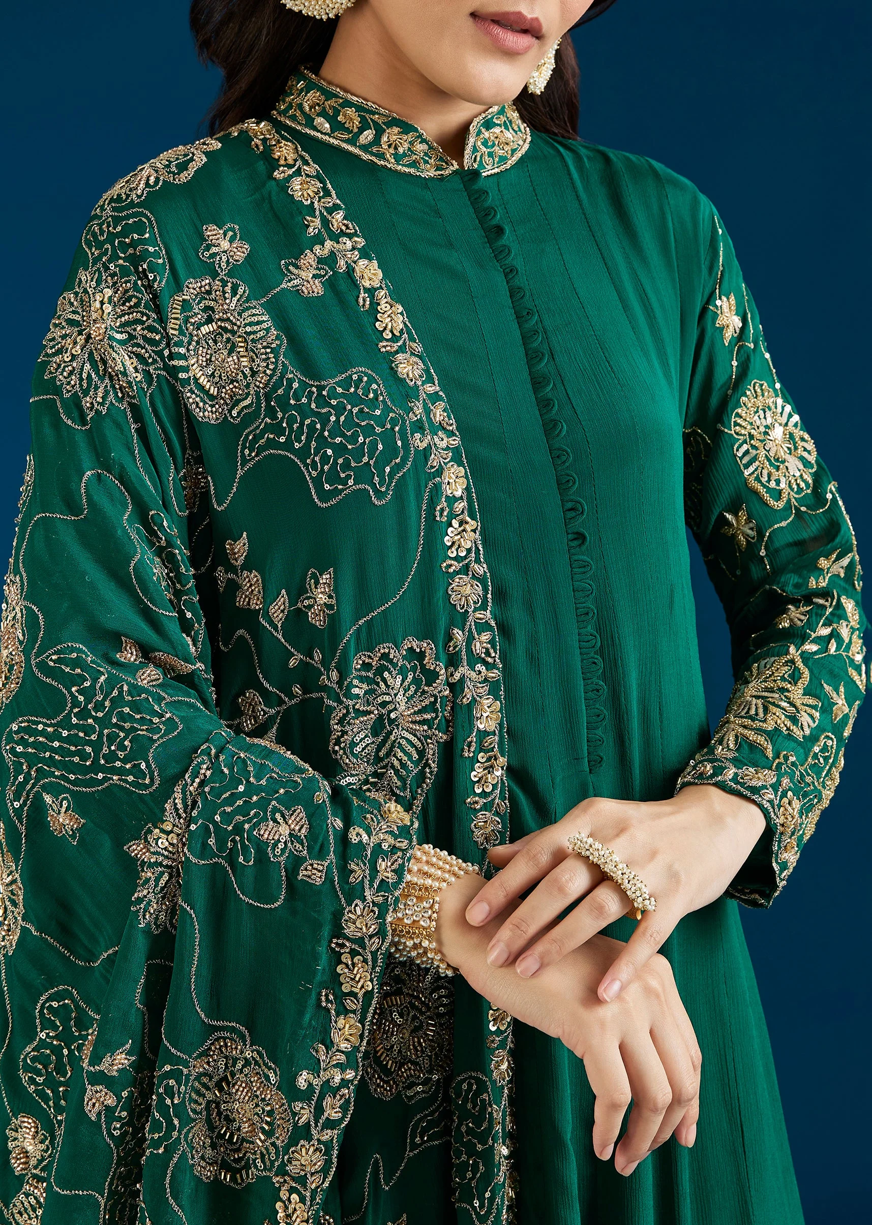 Dark Green Embroidered Chinon Anarkali Suit With Dupatta